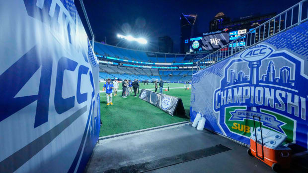 Dec 4, 2021; Charlotte, NC, USA; ACC logos at the tunnel entrance to the field during the ACC championship game between the Wake Forest Demon Deacons and the Pittsburgh Panthers at Bank of America Stadium. Mandatory Credit: Jim Dedmon-USA TODAY Sports